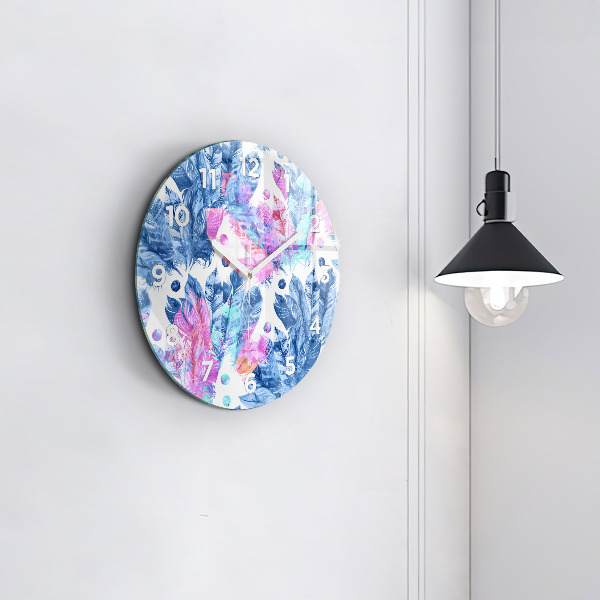 Round glass wall clock Colorful feathers