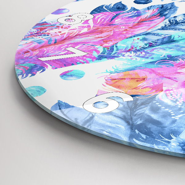 Round glass wall clock Colorful feathers