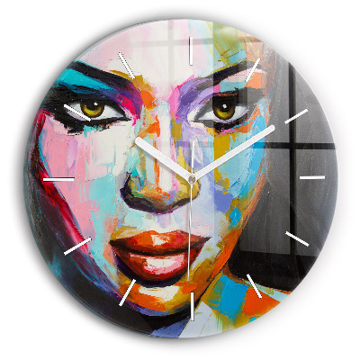 Round glass wall clock Colorful woman's face