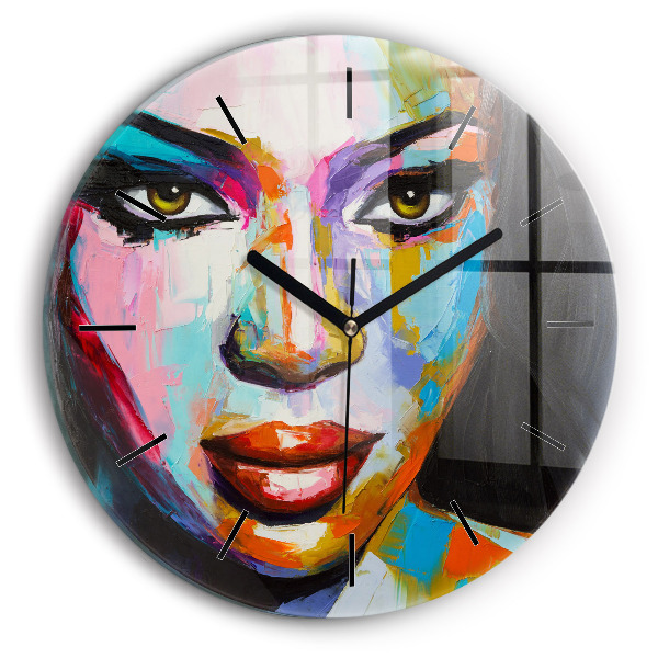 Round glass wall clock Colorful woman's face