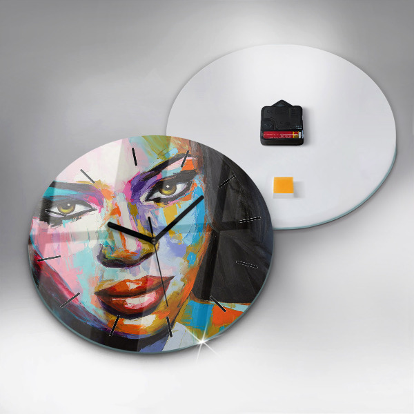 Round glass wall clock Colorful woman's face