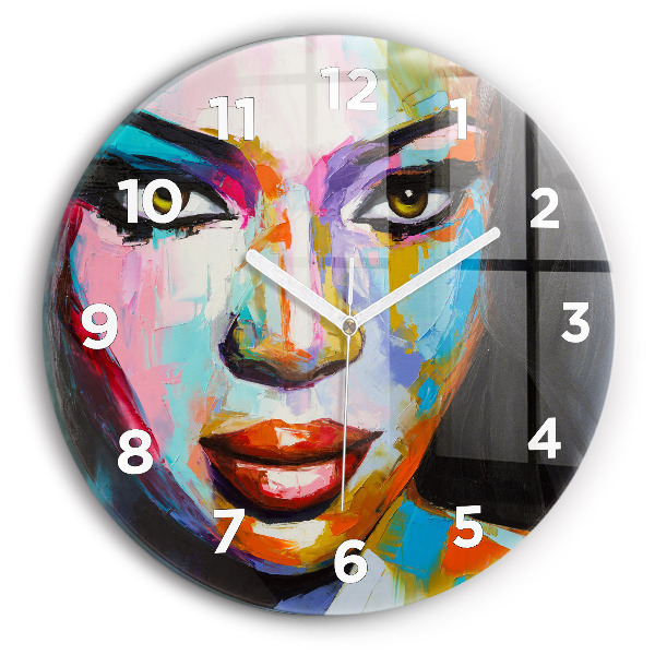 Round glass wall clock Colorful woman's face