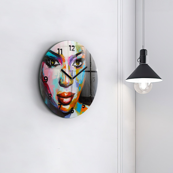 Round glass wall clock Colorful woman's face