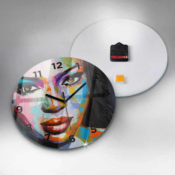 Round glass wall clock Colorful woman's face