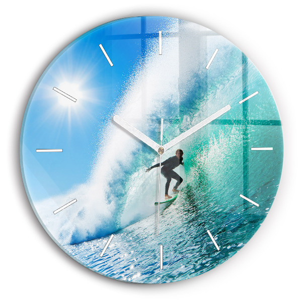 Round glass wall clock Surfing in Hawaii