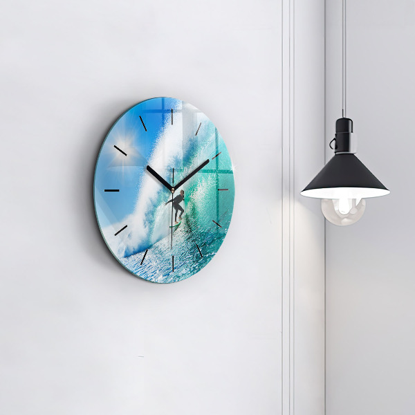 Round glass wall clock Surfing in Hawaii