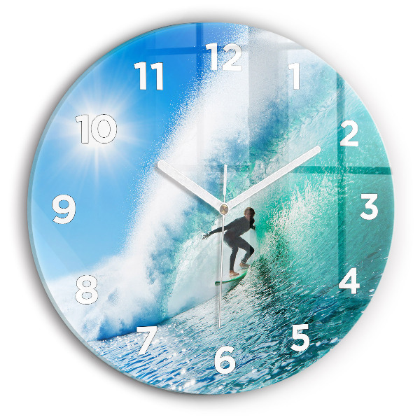 Round glass wall clock Surfing in Hawaii