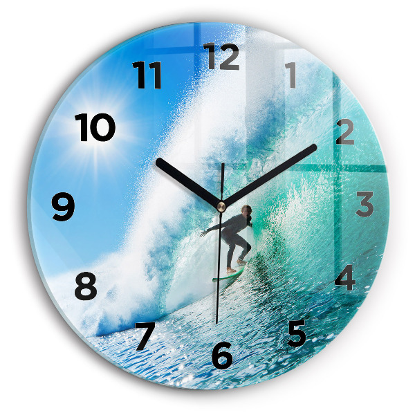 Round glass wall clock Surfing in Hawaii