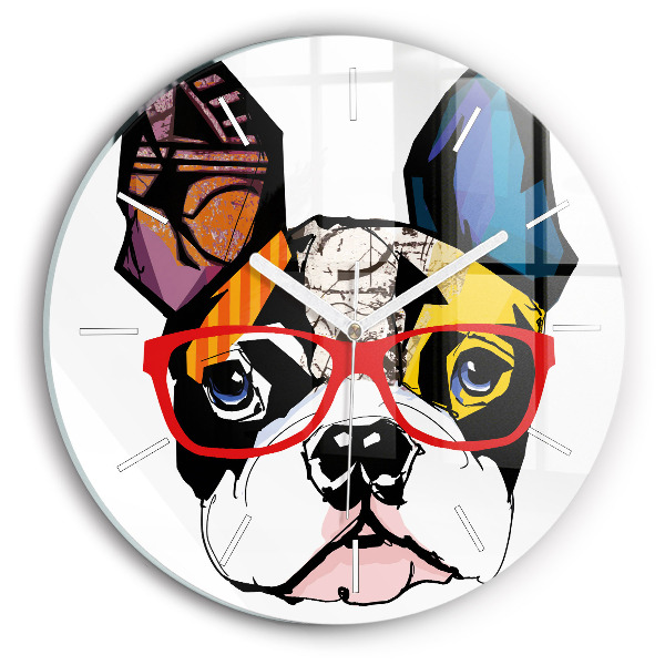 Round glass wall clock French bulldog with glasses