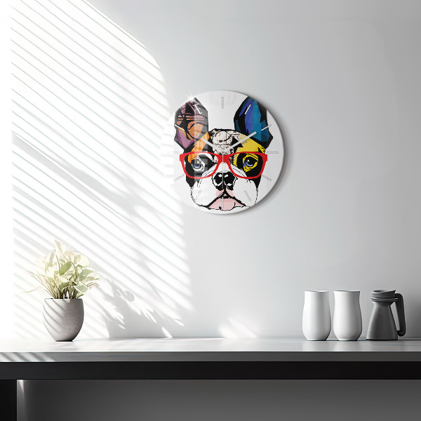 Round glass wall clock French bulldog with glasses