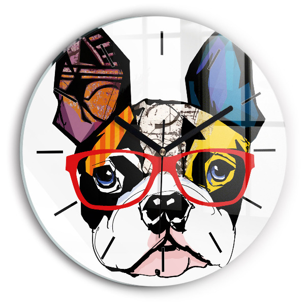Round glass wall clock French bulldog with glasses