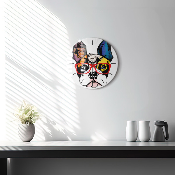 Round glass wall clock French bulldog with glasses