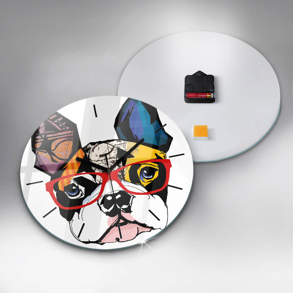 Round glass wall clock French bulldog with glasses
