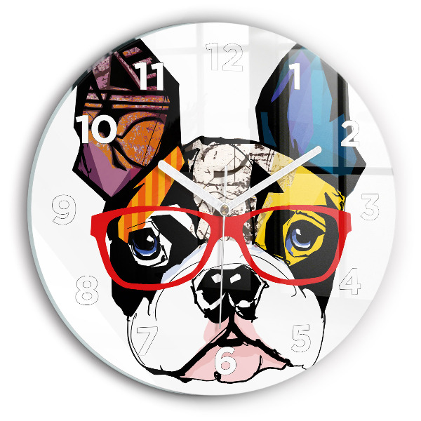 Round glass wall clock French bulldog with glasses