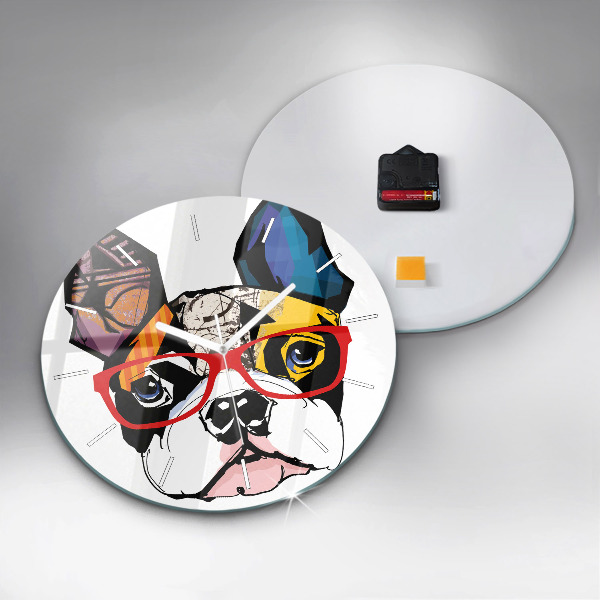 Round glass wall clock French bulldog with glasses