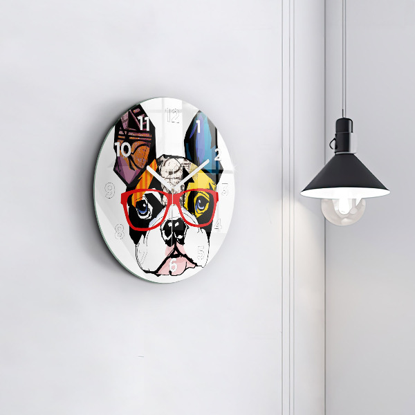 Round glass wall clock French bulldog with glasses