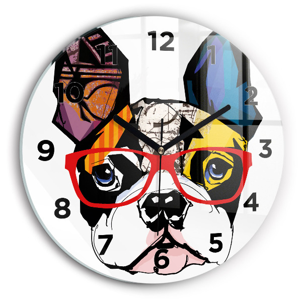 Round glass wall clock French bulldog with glasses