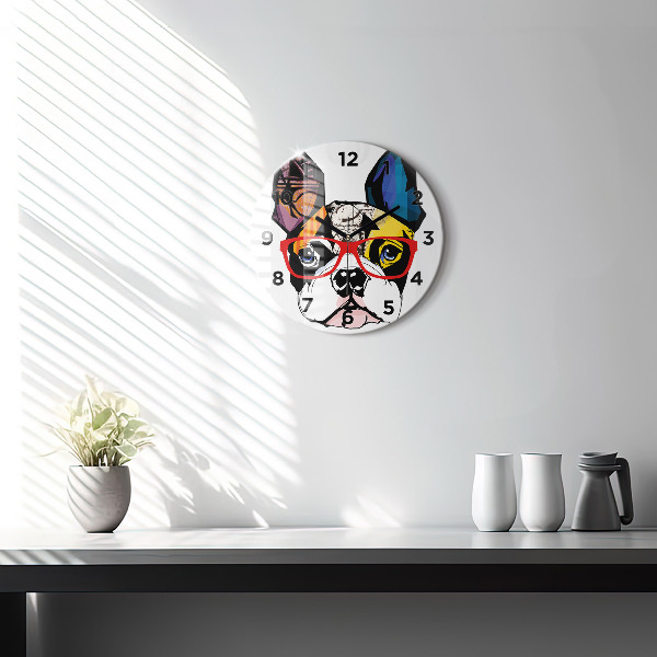 Round glass wall clock French bulldog with glasses