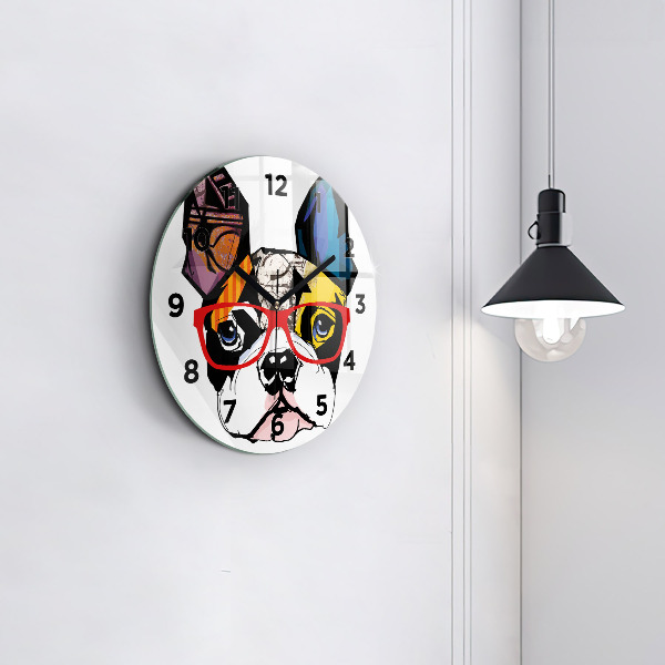 Round glass wall clock French bulldog with glasses