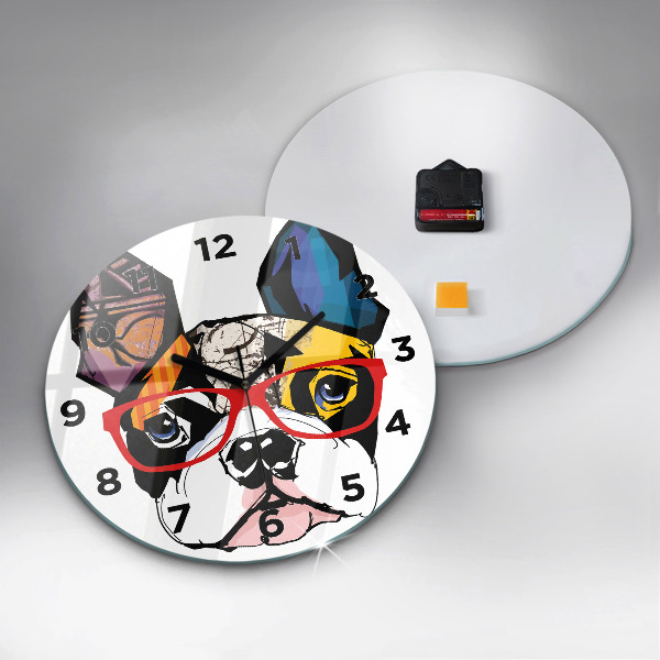 Round glass wall clock French bulldog with glasses