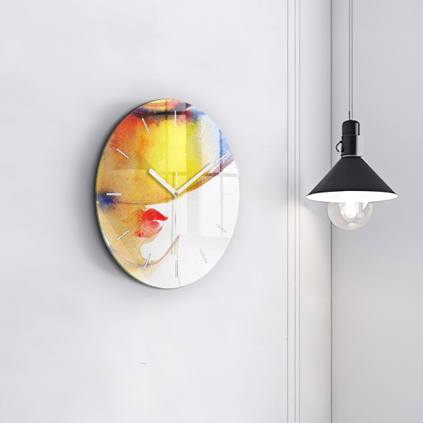 Round glass wall clock Woman in a hat