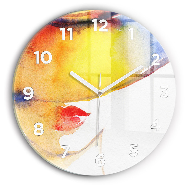 Round glass wall clock Woman in a hat