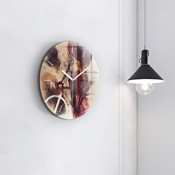 Round glass wall clock Woman and bike