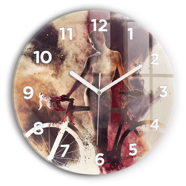 Round glass wall clock Woman and bike