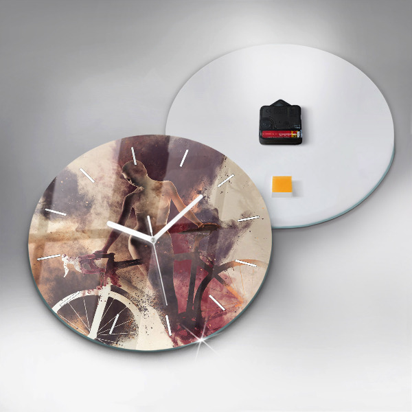 Round glass wall clock Woman and bike