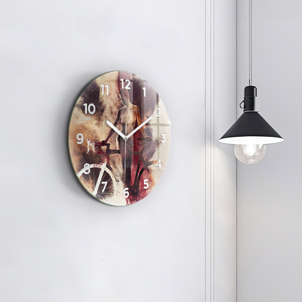 Round glass wall clock Woman and bike