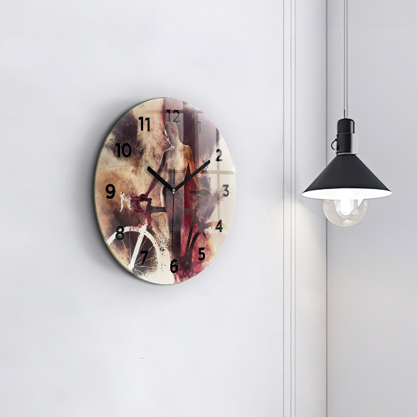 Round glass wall clock Woman and bike