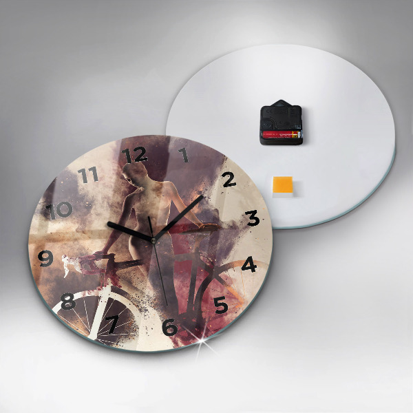 Round glass wall clock Woman and bike