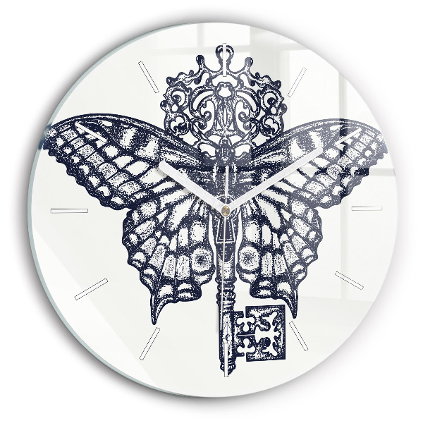 Round glass wall clock Butterfly and key - boho style