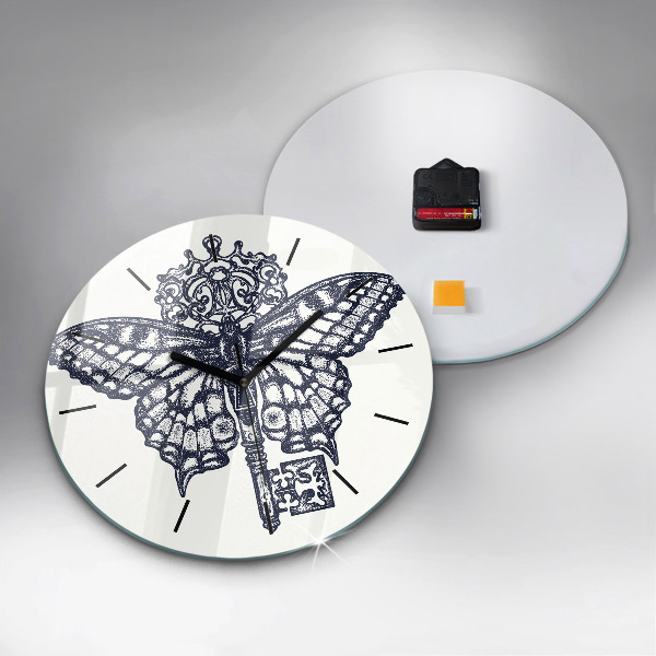 Round glass wall clock Butterfly and key - boho style