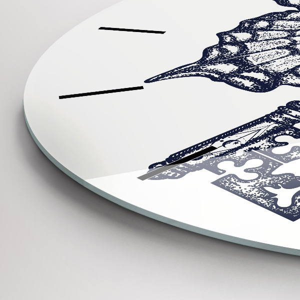 Round glass wall clock Butterfly and key - boho style