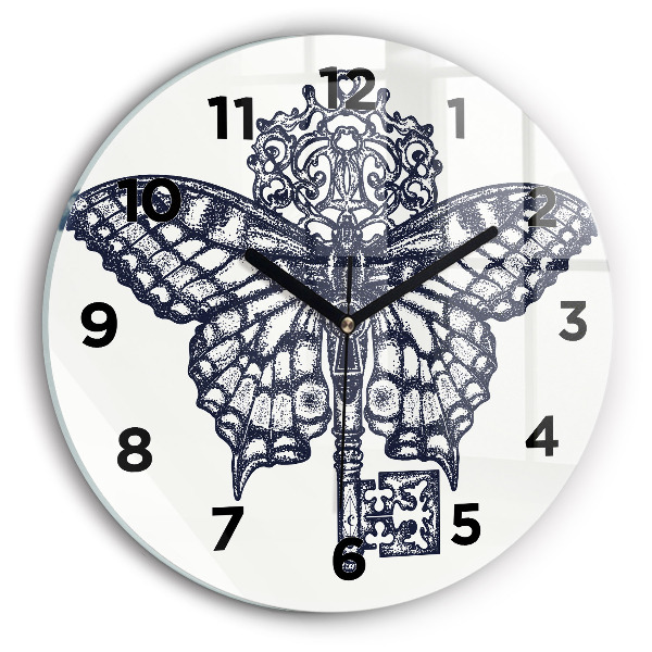 Round glass wall clock Butterfly and key - boho style