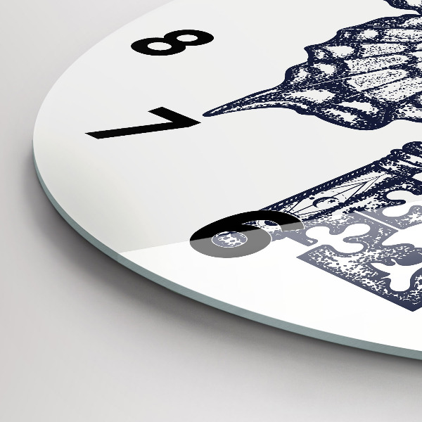 Round glass wall clock Butterfly and key - boho style