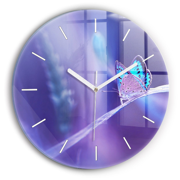 Round glass wall clock Butterfly on the grass
