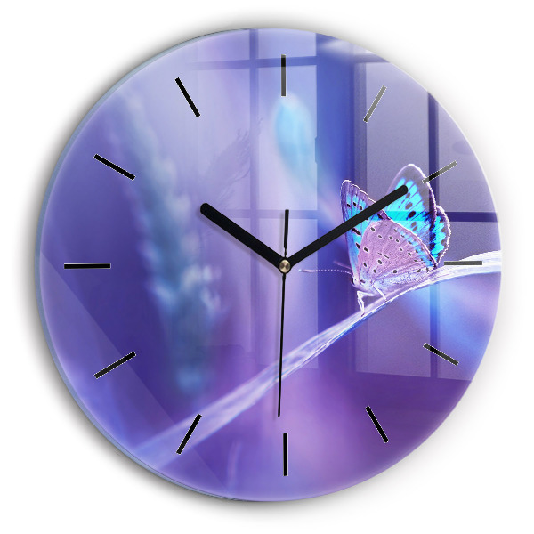 Round glass wall clock Butterfly on the grass