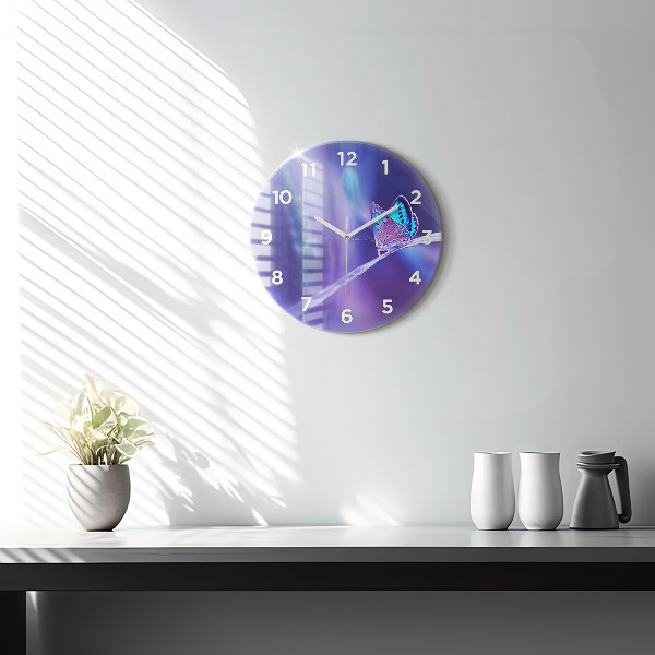 Round glass wall clock Butterfly on the grass