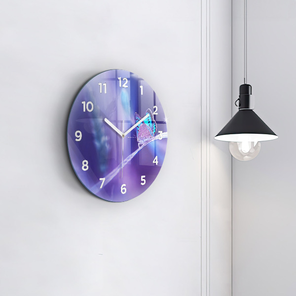 Round glass wall clock Butterfly on the grass