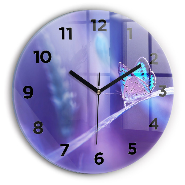 Round glass wall clock Butterfly on the grass
