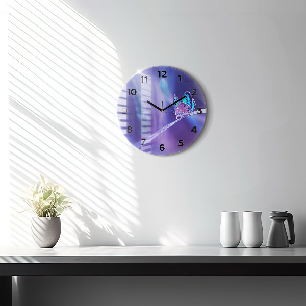 Round glass wall clock Butterfly on the grass