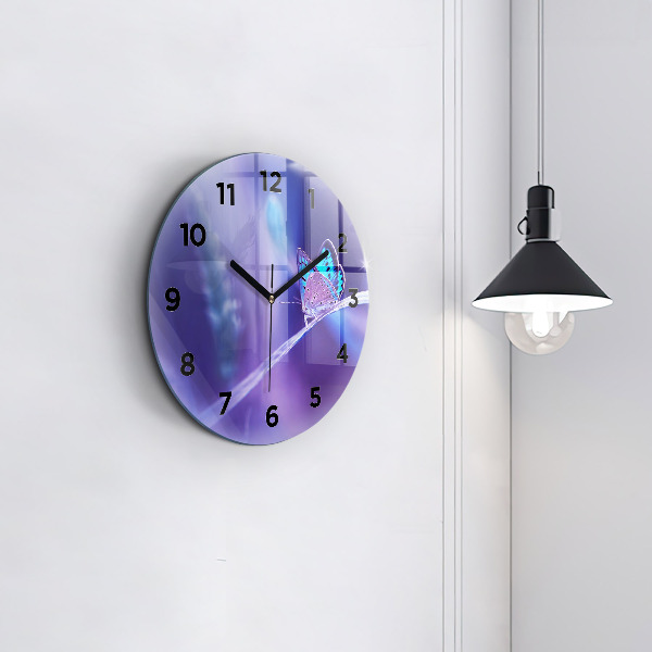Round glass wall clock Butterfly on the grass