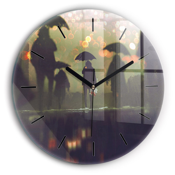 Round glass wall clock People with umbrellas