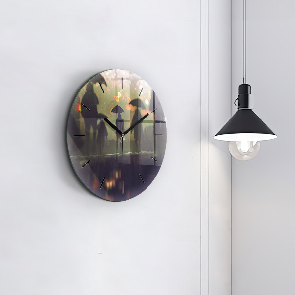 Round glass wall clock People with umbrellas