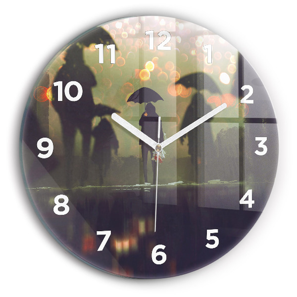Round glass wall clock People with umbrellas
