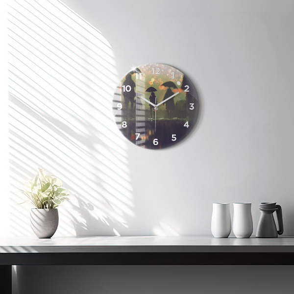 Round glass wall clock People with umbrellas