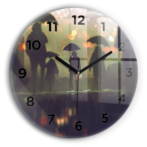 Round glass wall clock People with umbrellas