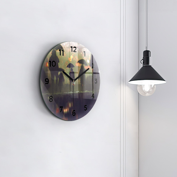 Round glass wall clock People with umbrellas